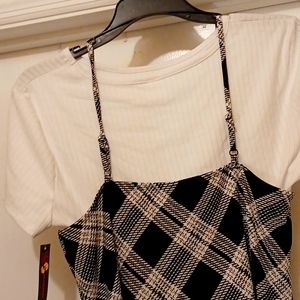 2 piece maxi dress with short sleeved white  shirt and black and white maxi dres